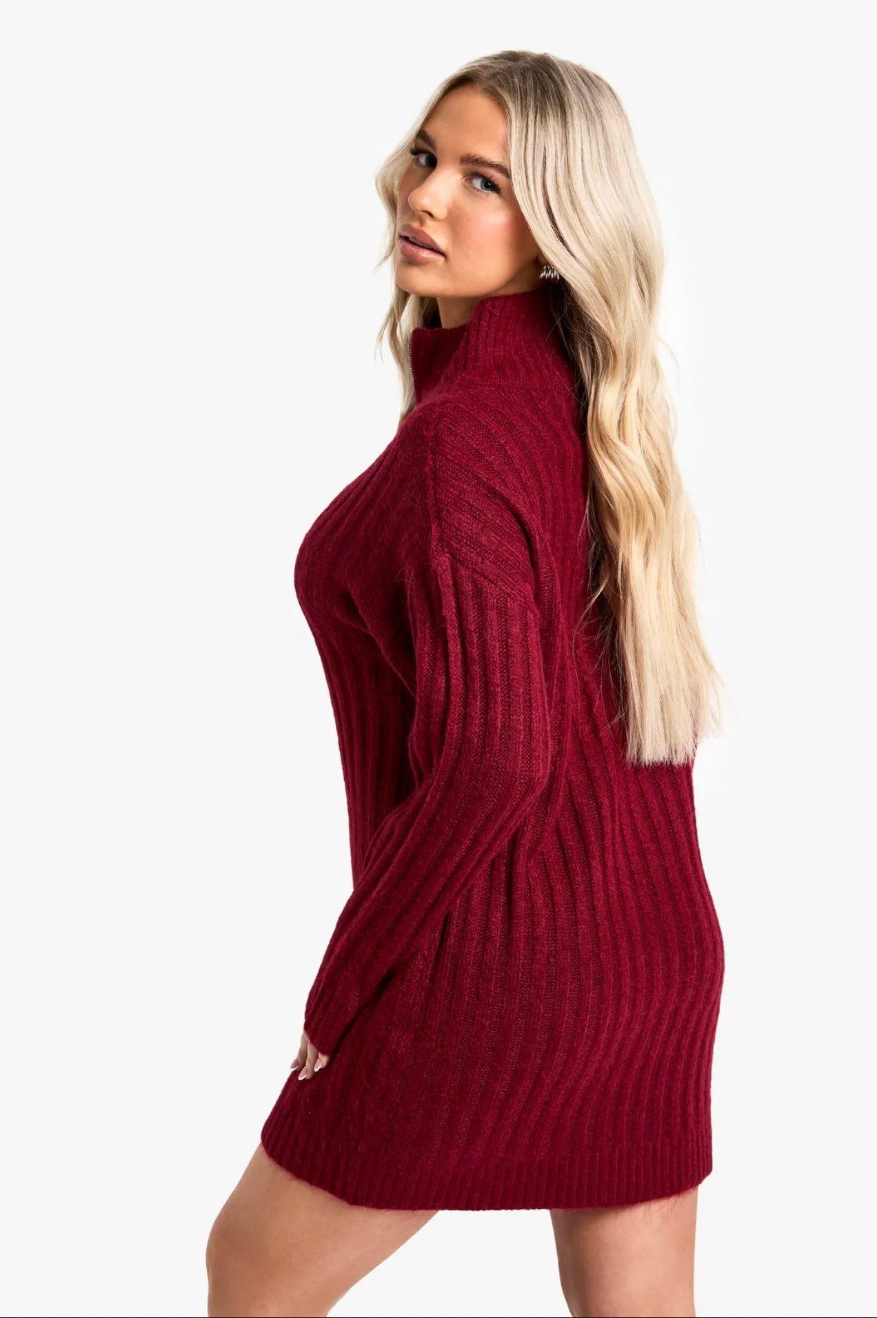 Burgundy Ribbed Half-Zip Sweater Mini Dress