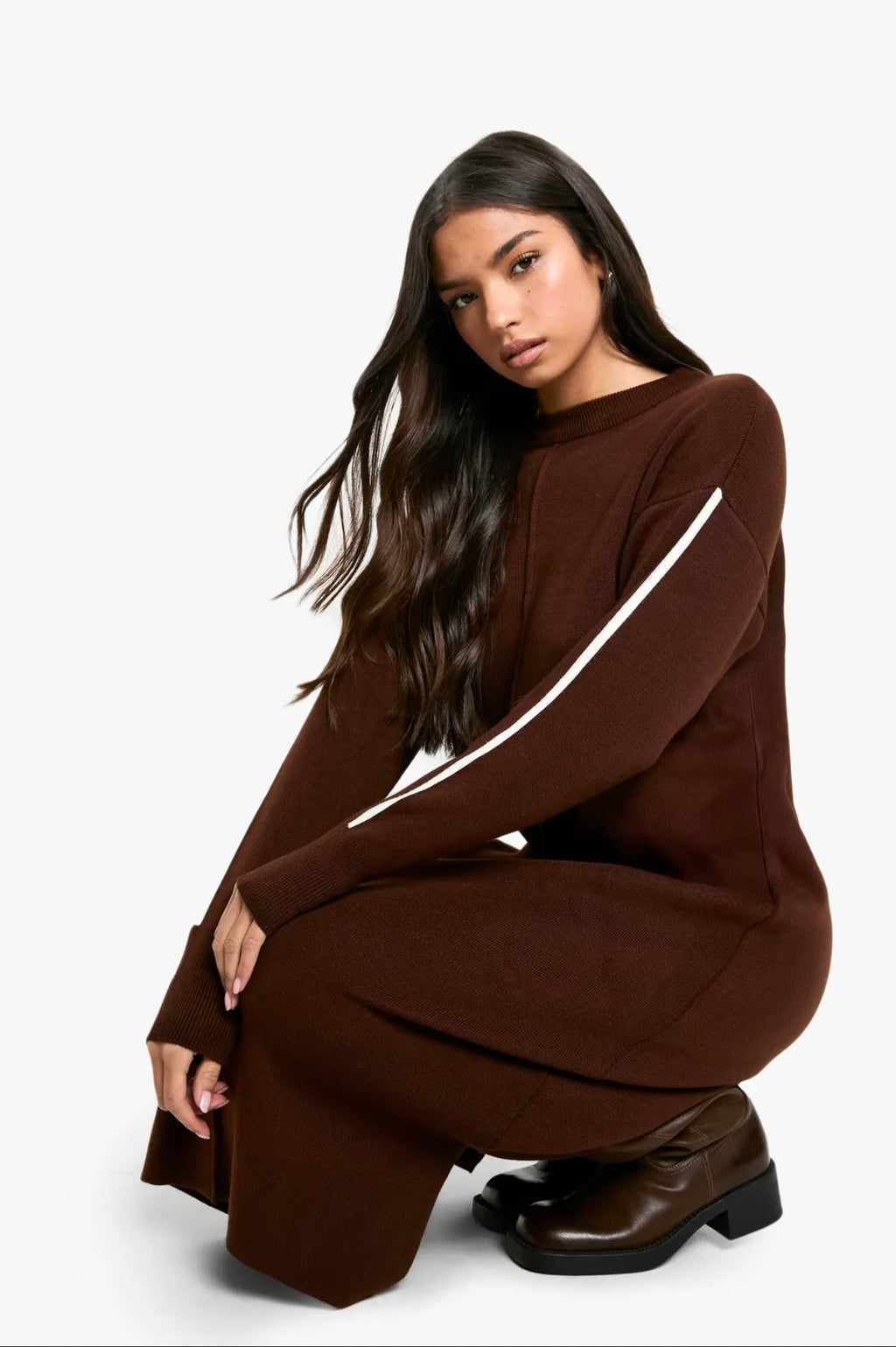 Chocolate Knit Maxi Dress with Stripe Detail