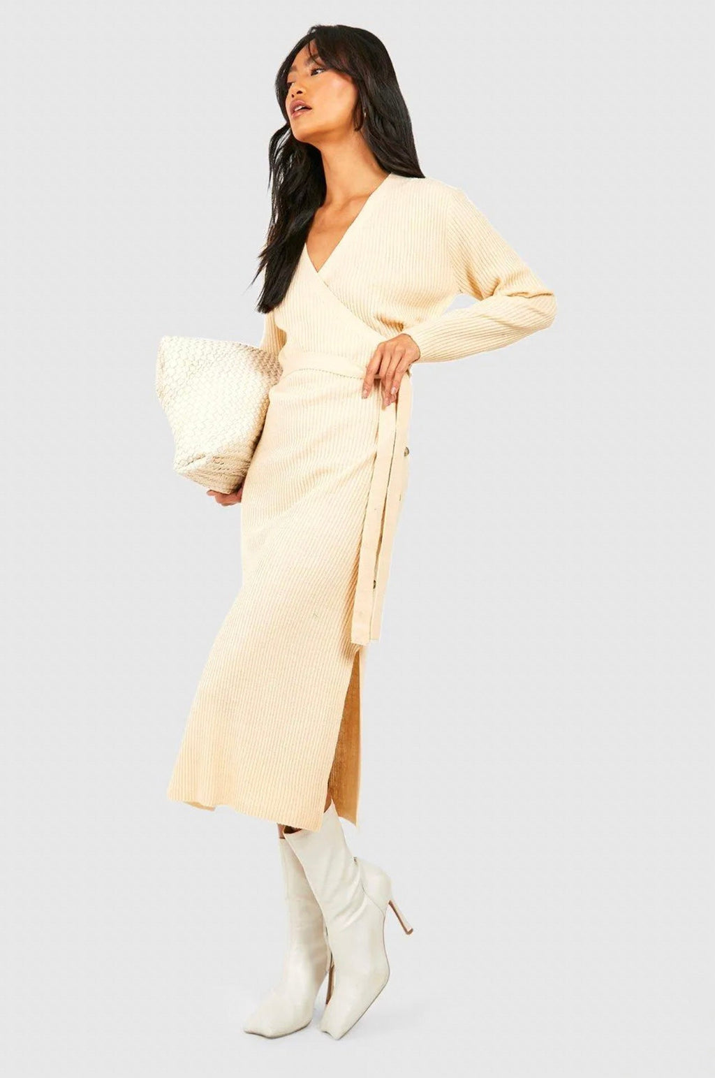 Cream Ribbed Wrap Midi Dress