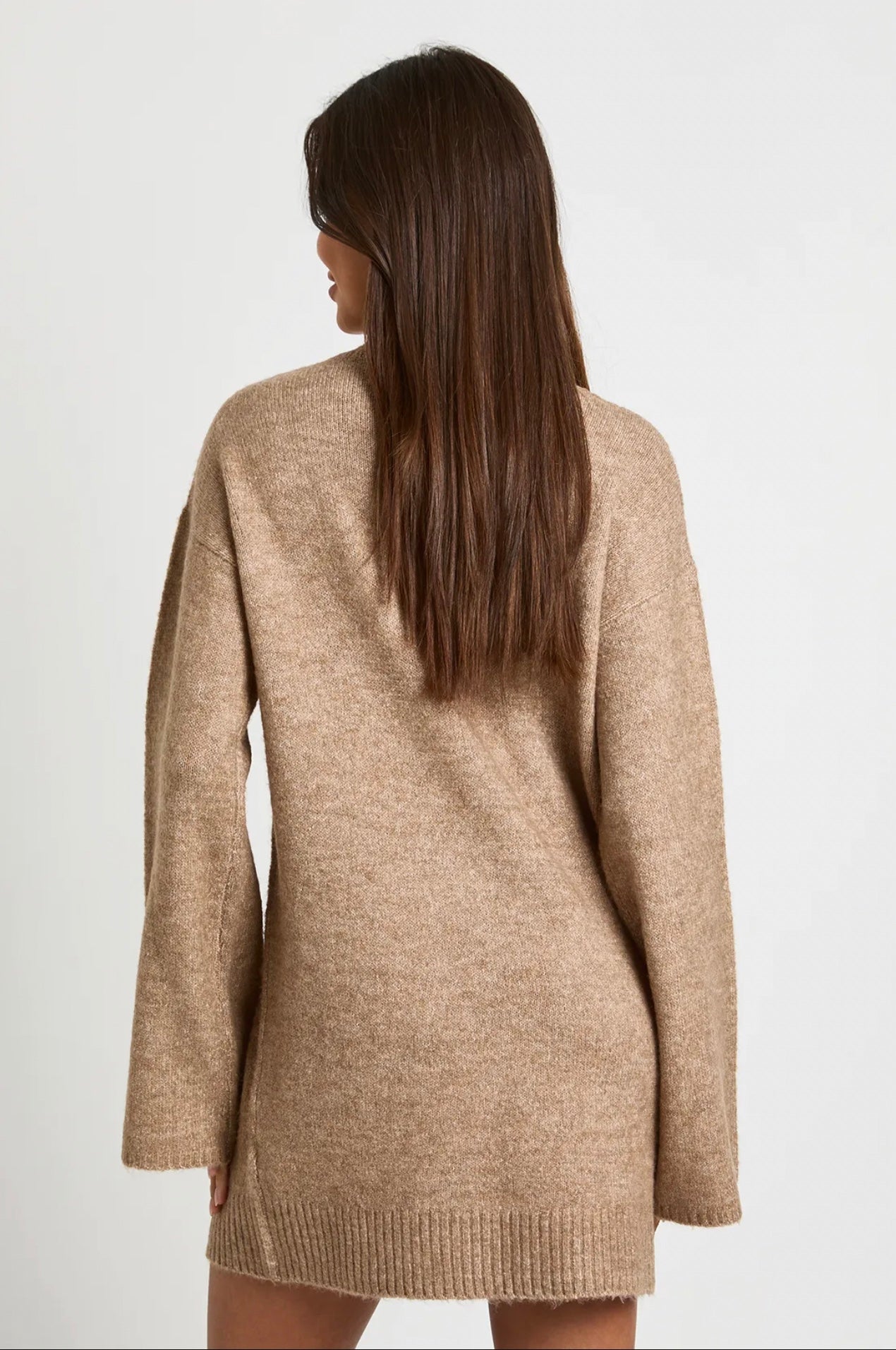 Camel V-Neck Sweater Dress
