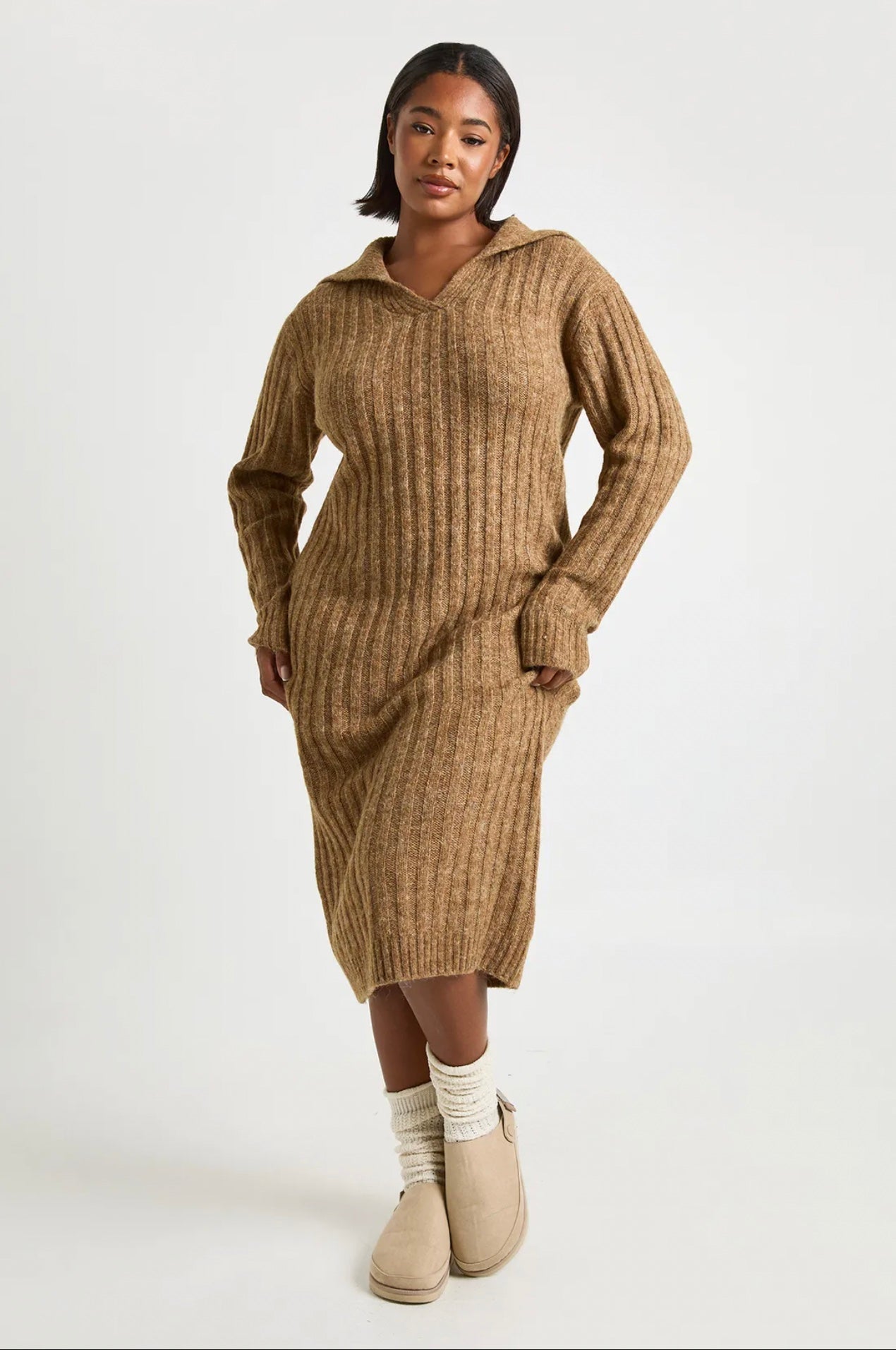 Ribbed Knit Collared Midi Dress