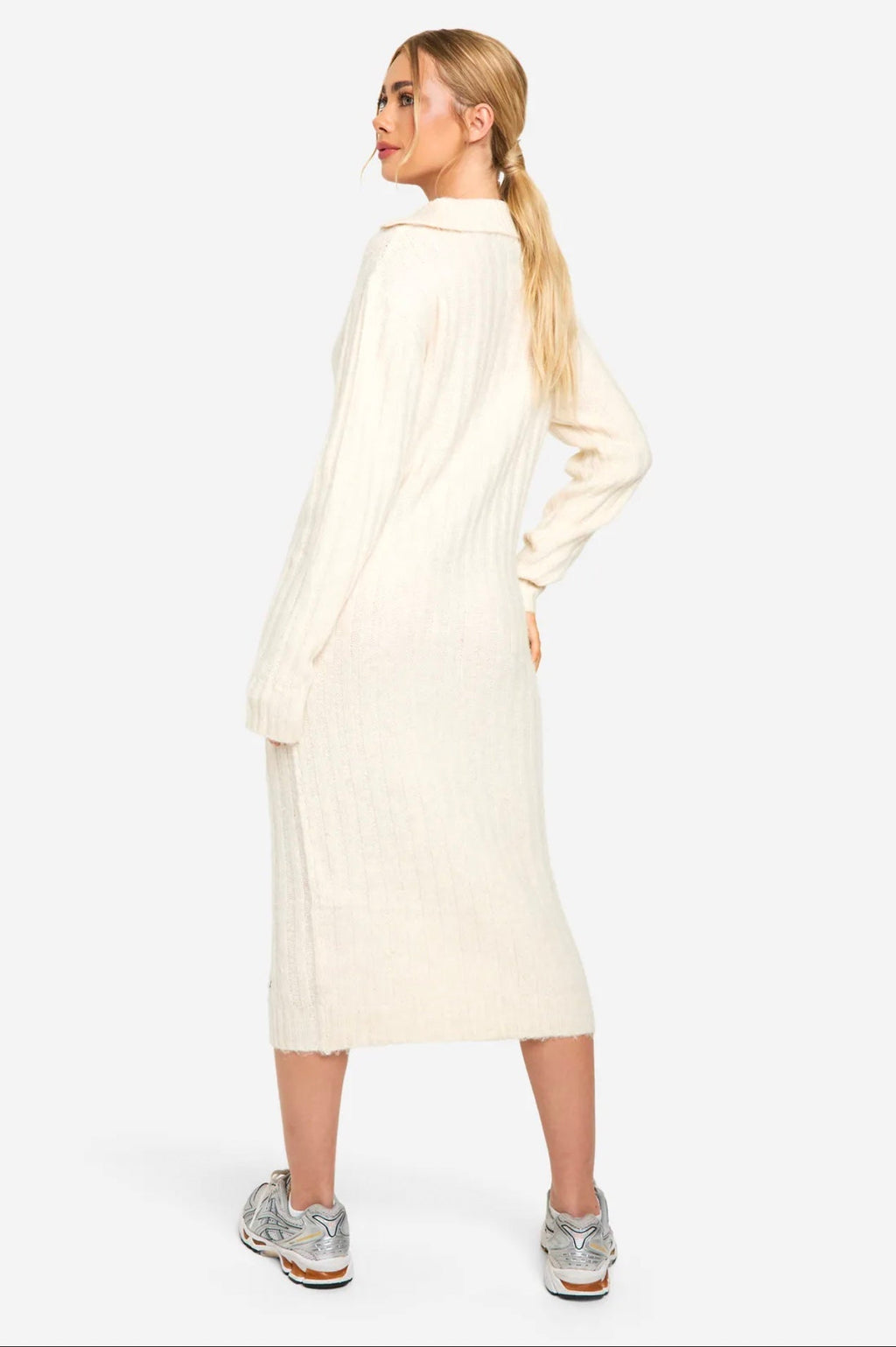 Cream Knit Collared Midi Dress
