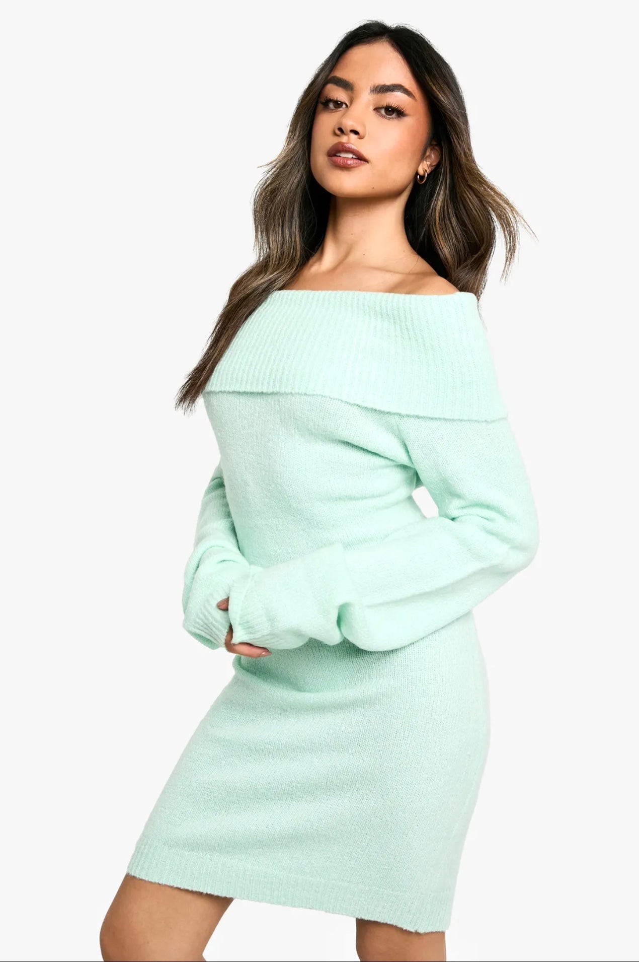 Mint Off-Shoulder Knit Mini Dress