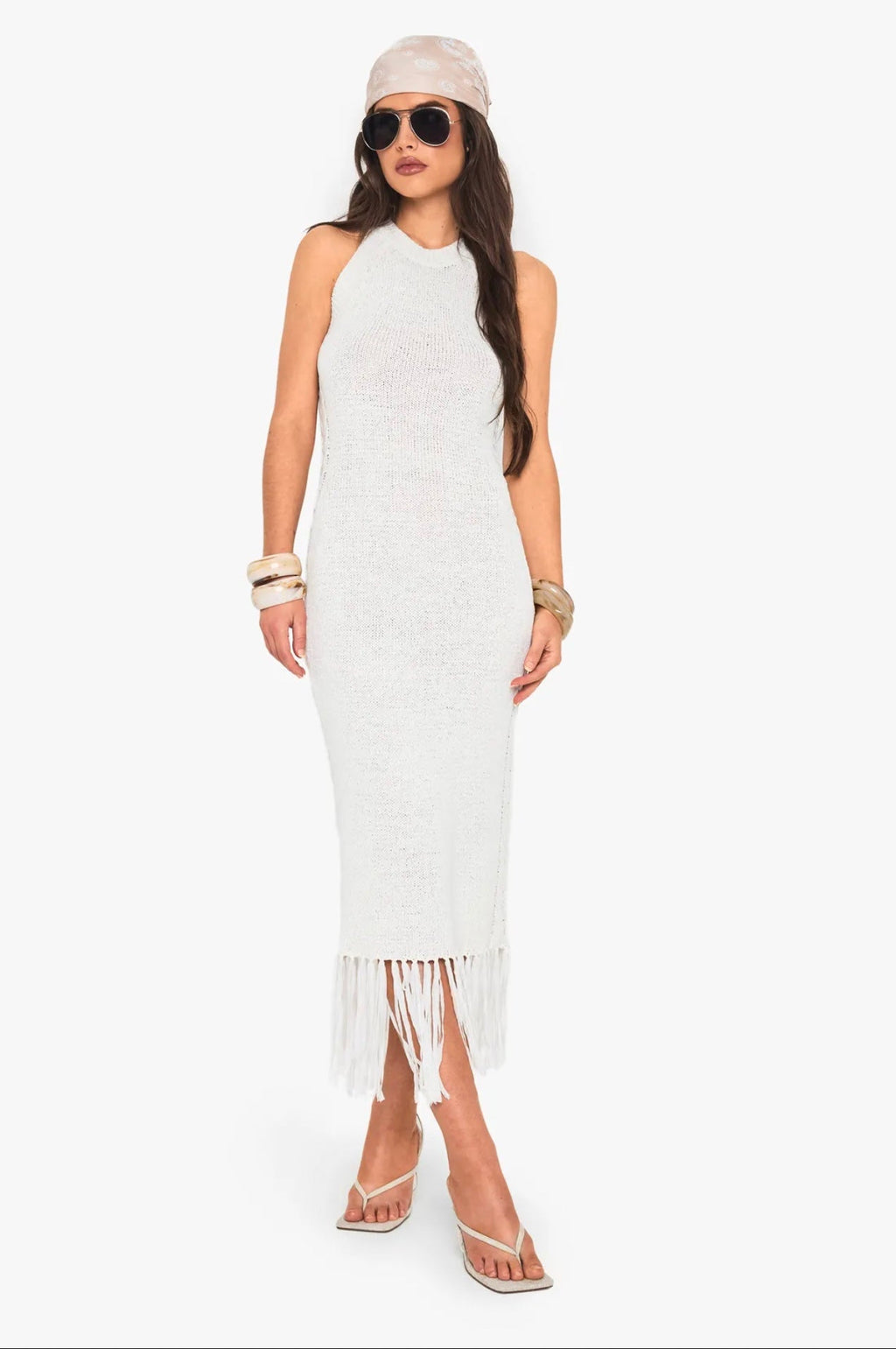 Ivory Fringe Knit Midi Dress