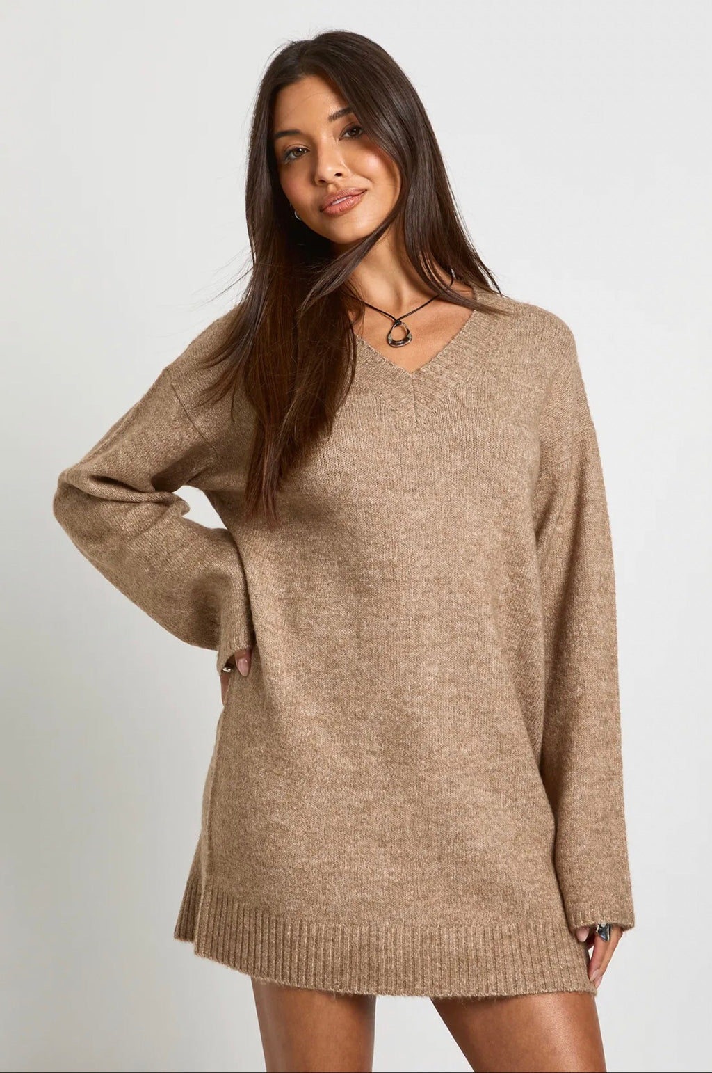 Camel V-Neck Sweater Dress
