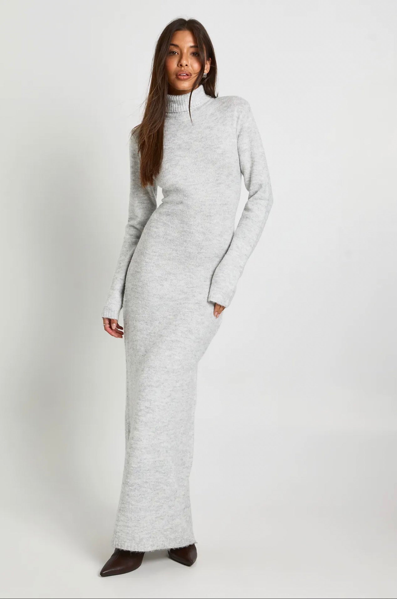 Heather Grey Turtleneck Knit Maxi Dress