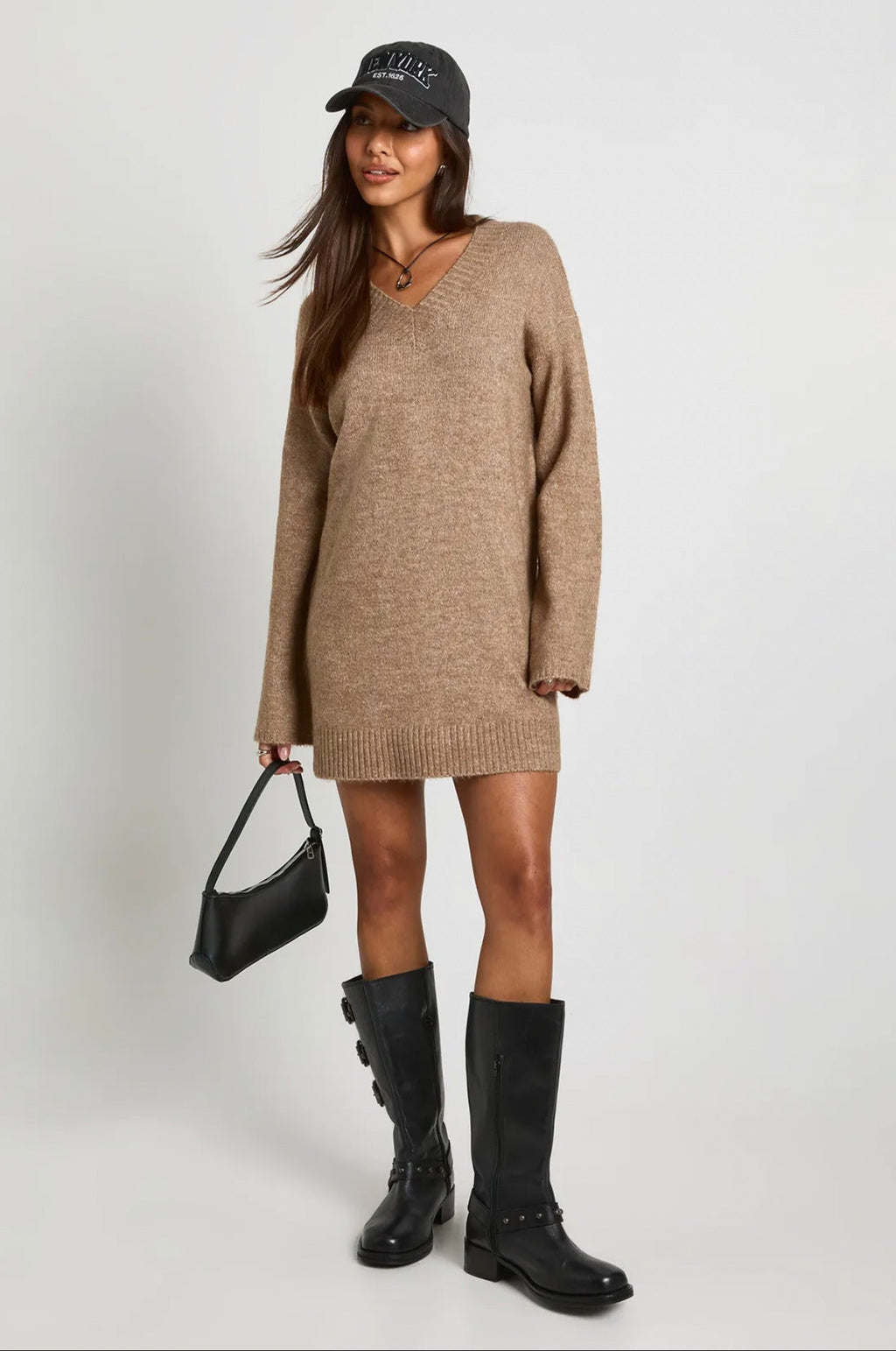 Camel V-Neck Sweater Dress