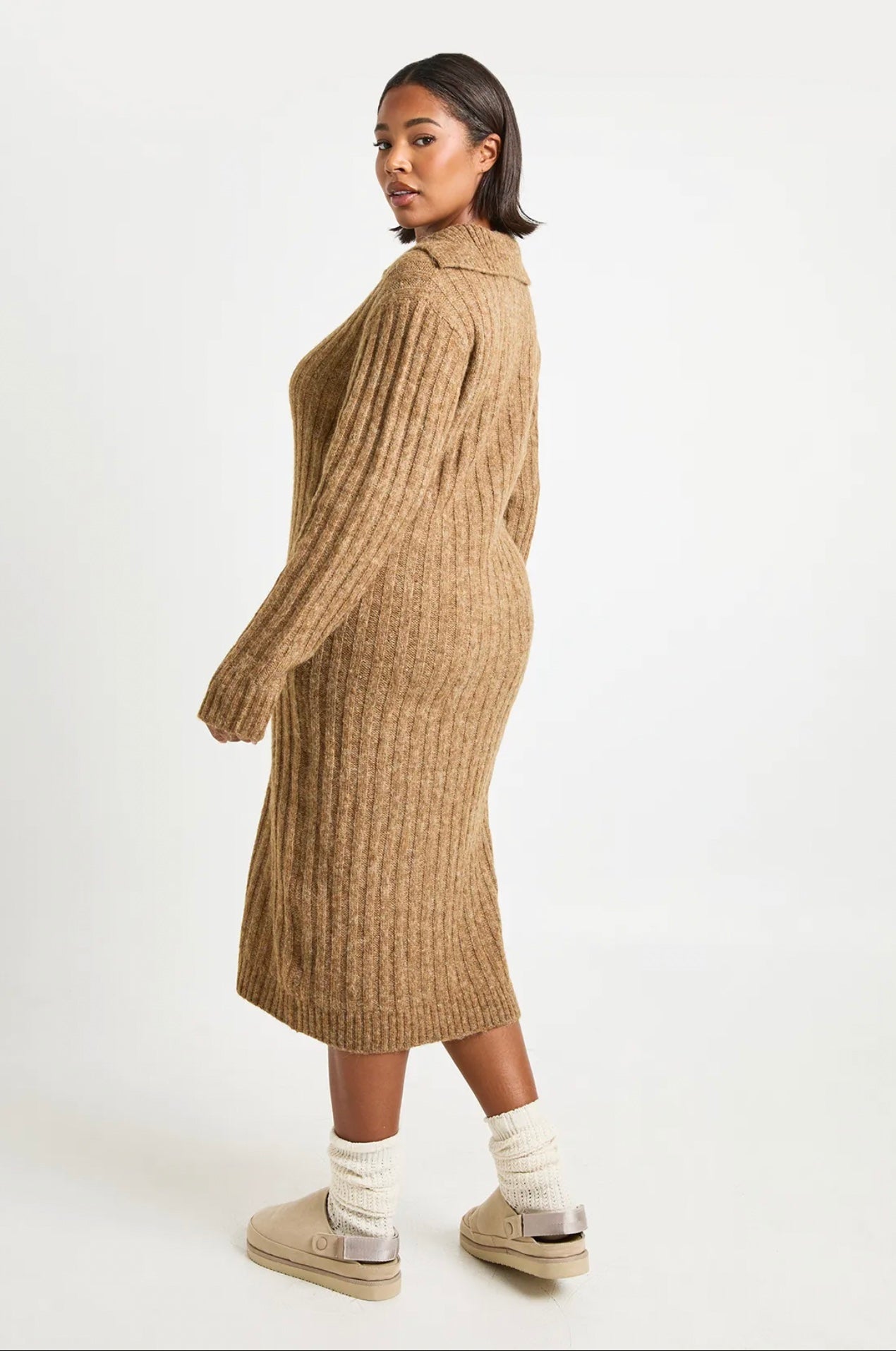 Ribbed Knit Collared Midi Dress