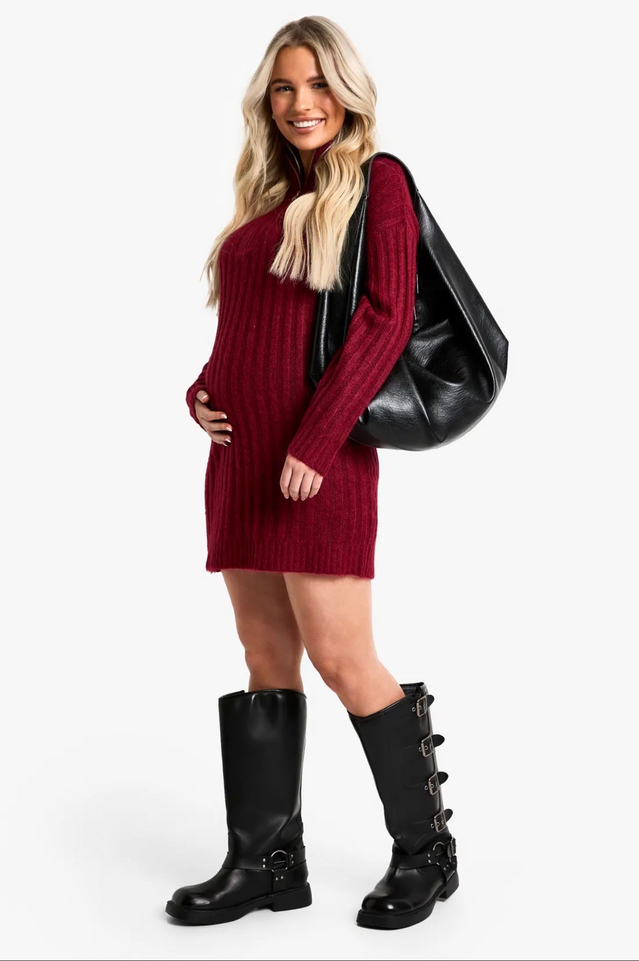 Burgundy Ribbed Half-Zip Sweater Mini Dress