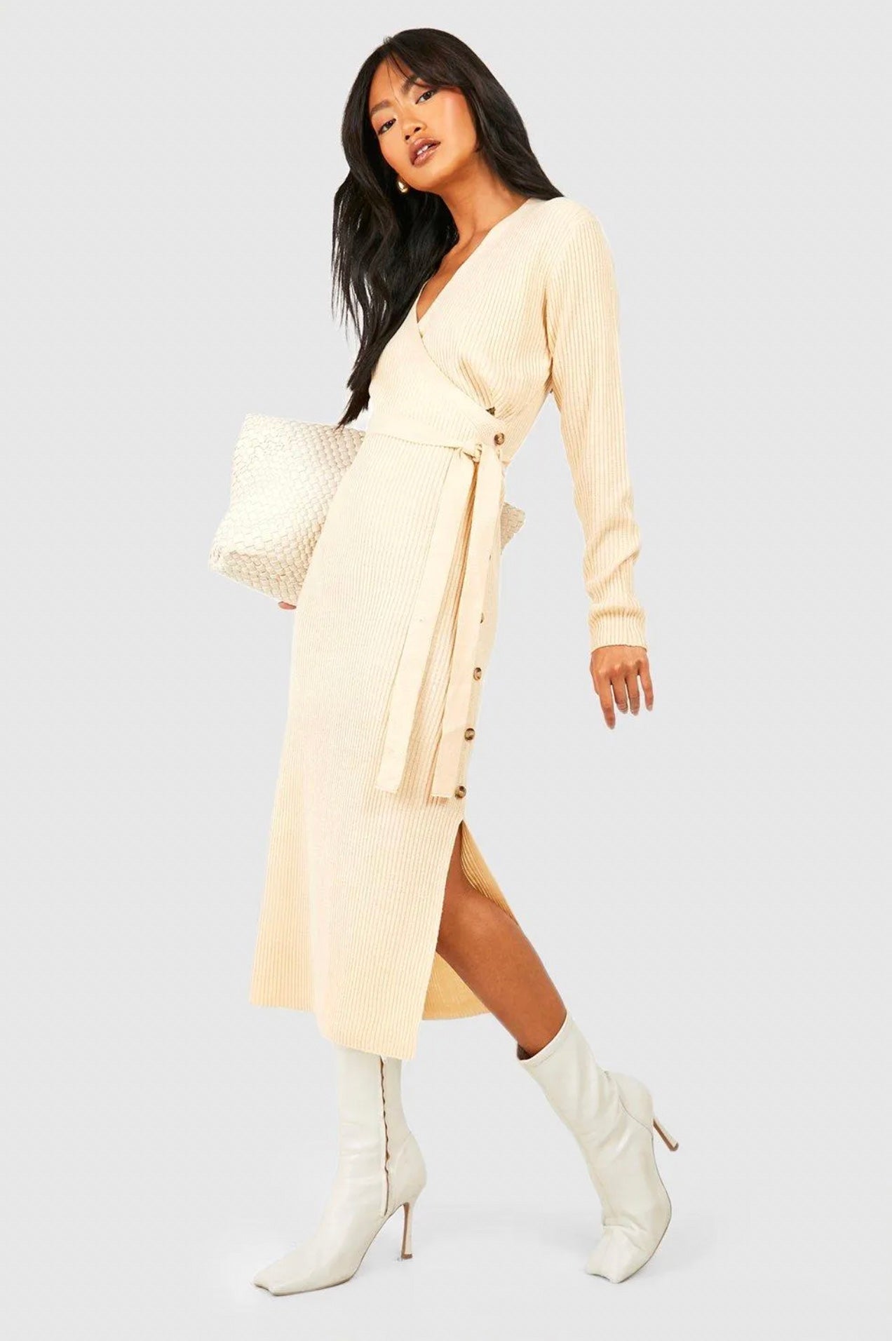 Cream Ribbed Wrap Midi Dress