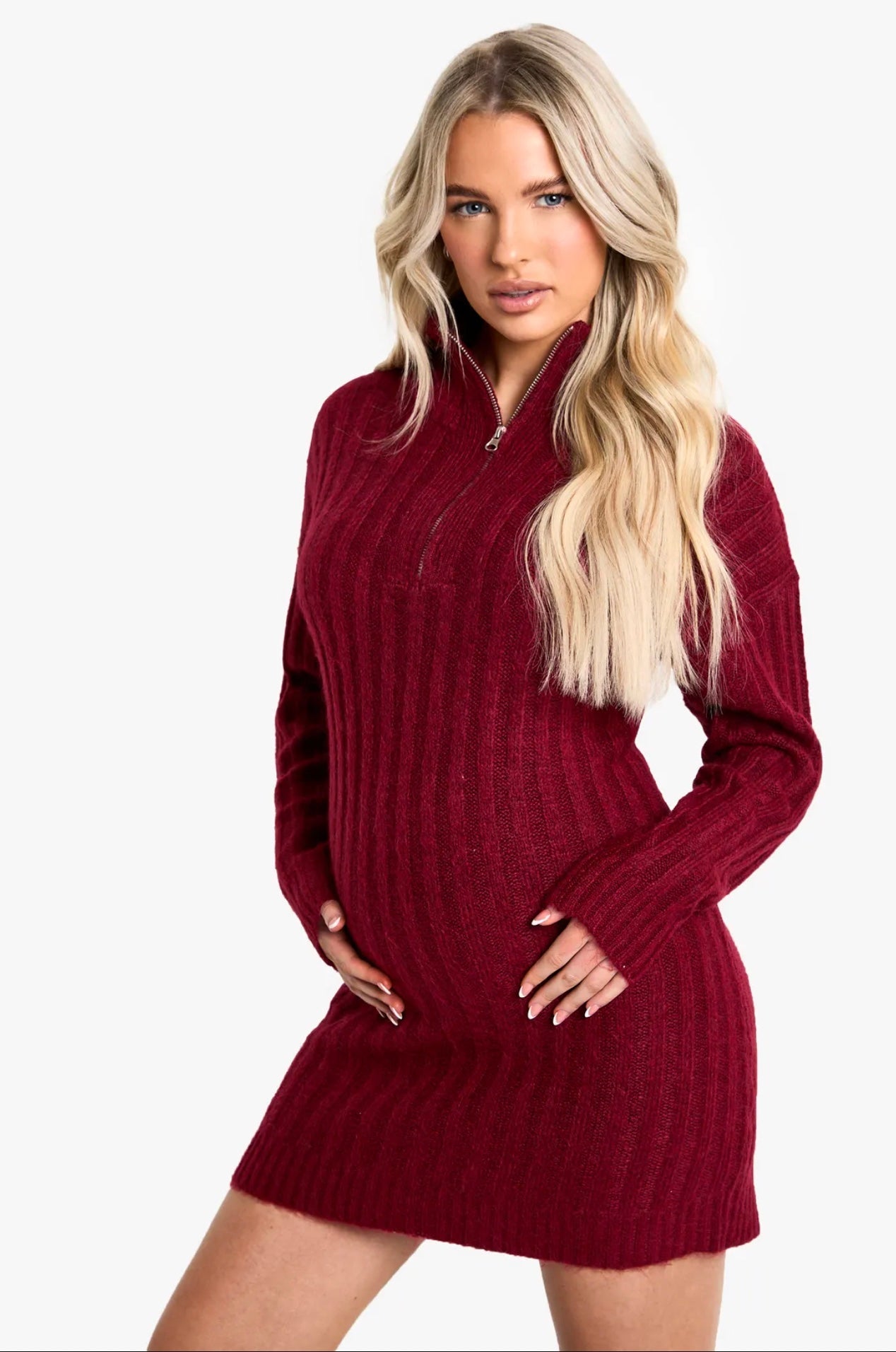 Burgundy Ribbed Half-Zip Sweater Mini Dress