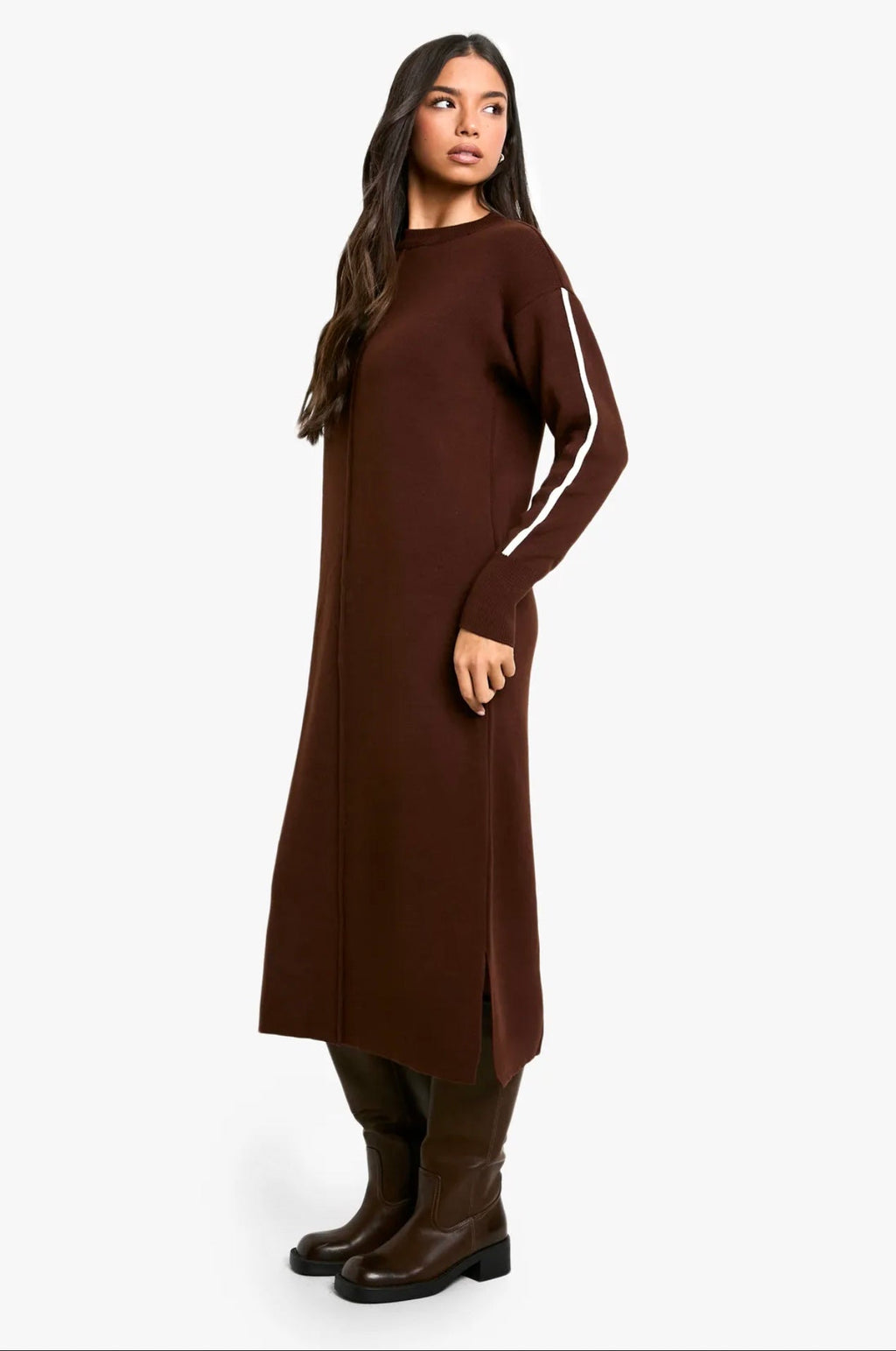 Chocolate Knit Maxi Dress with Stripe Detail